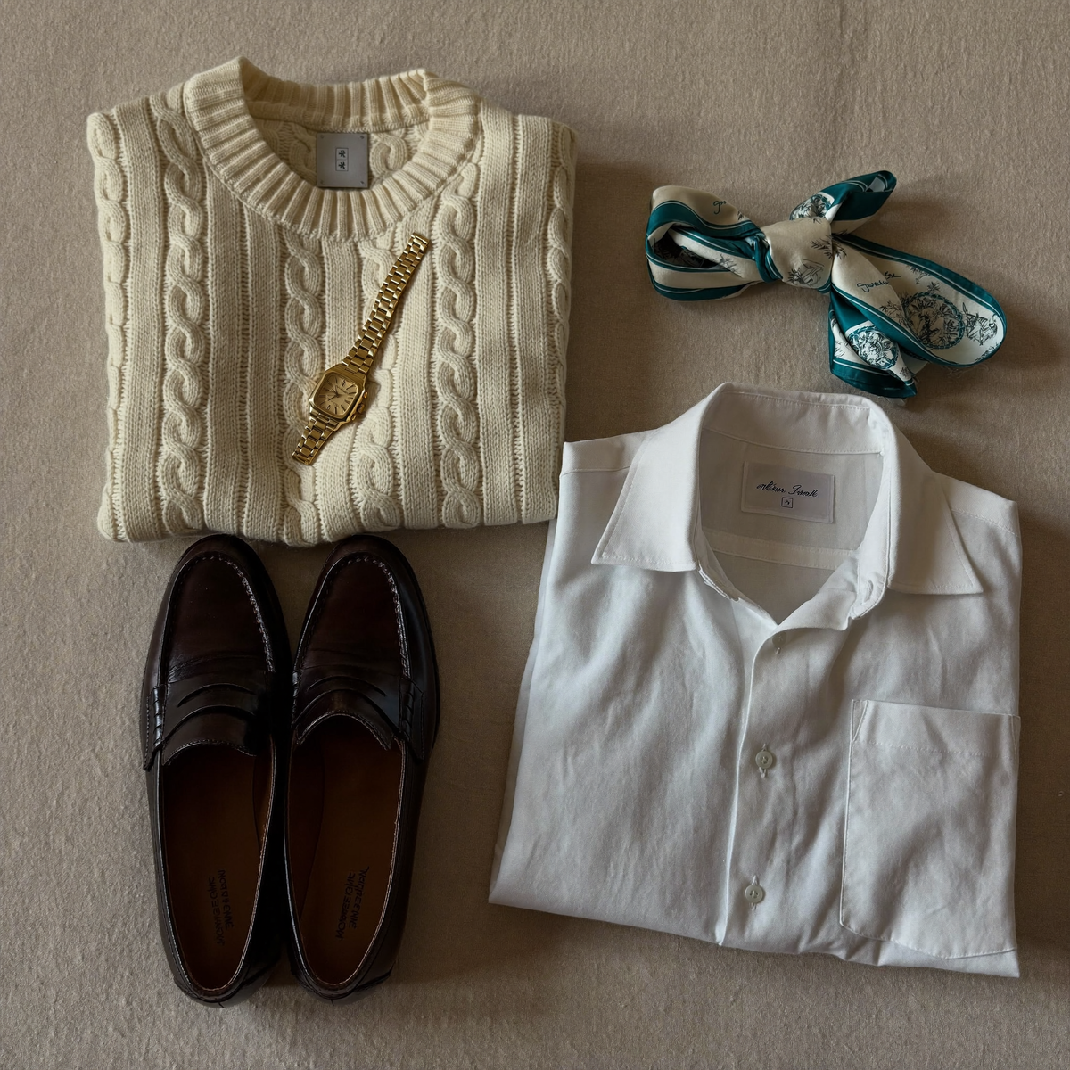 Old money wardrobe flat lay